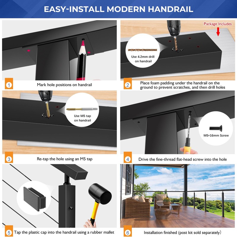 Zylorix 1Pack 4FT Stainless Steel Black Handrail for Cable Railing