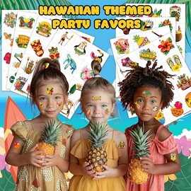MeoIsDaBest 100 piezas de tatuajes hawaianos, decoraciones para fiestas de cumpleaños, suministros, recuerdos, tatuajes temporales Tiki Hawaii Luau, flores tropicales, verano, playa, Aloha, decoraci