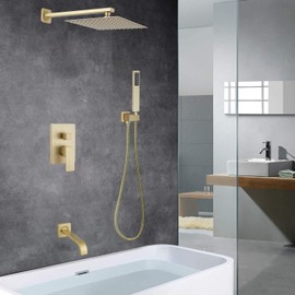 Heable Brushed Gold Shower Faucet Set with Tub Spout Bathroom Rainfall 10 Inch Shower Head System with Handheld Single Handle Shower Trim Kit with Rough-in Valve