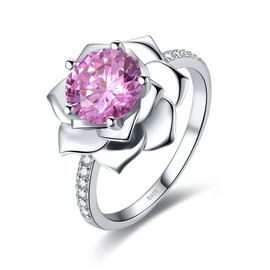 Merthus 8x8mm Round Simulated Pink Topaz 925 Sterling Silver Blossom Flower Lotus Ring for Women Size 9