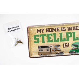 helges-shop Home is Where My Stellplatz is - Retro Decorative Camping Sign - Tin Signs Decoration for Caravan, Motorhome, Motorhome, Campsite, Camping Accessories, 28 x 12 cm