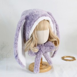 Jilneed Cute Bunny Hat Women Plush Rabbit Ear Funny Lolita Sweet Kawaii Winter Fluffy Fleece Warm Hat Cap Cosplay Accessory (purple)