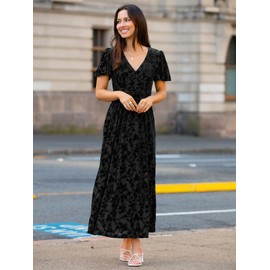 Simplee Women's Floral Velvet Maxi Dress V Neck Short Sleeve Elegant Long Formal Wedding Guest Dresses (Black M)