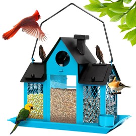 Solar Bird Feeders House for Outdoors Hanging, 7LBS Large Capacity Metal Wild Bird Feeder Squirrel Proof for Outside with Water Cup, Cardinal Birdfeeder Birdhouses Gift for Bird Lovers (Blue)