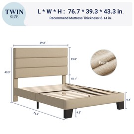 Allewie Twin Size Platform Bed Frame with Fabric Upholstered Headboard and Wooden Slats Support, Fully Upholstered Mattress Foundation/No Box Spring Needed/Easy Assembly,Beige
