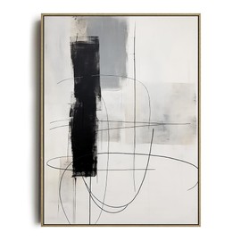 Minimalist Black and White Abstract Wood Framed Canvas Wall Art for Bedroom - Lines Swirls Strokes Splatter 12x16 Ready to Hang Living Room - Home Office Bathroom - Aesthetic Moody Texture Muted