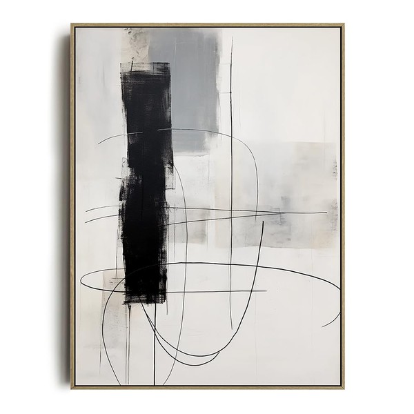 Minimalist Black and White Abstract Wood Framed Canvas Wall Art