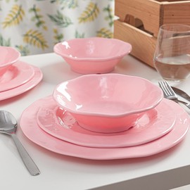 LEHAHA Pink Dishes Melamine Dinnerware Sets, 12 Piece Kitchen Plates and Bowls Dinnerware Sets, Lightweight, BPA free Melamine Dishes for Girls, Valentine's Day, Mother's Day.