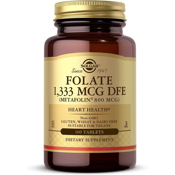 Solgar Folate 1,333 mcg DFE, 100 Tablets - 800 mcg Bio-Active Metafolin - Heart Health - Non-GMO, Vegan, Gluten Free, Dairy Free, Kosher - 100 Servings