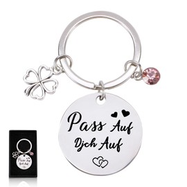 Key Fob Lucky Charm, Pass Auf Dich Auf Schlüsselanhänger Round Lanyard with Lucky Charm Pendant, Car Key Fob, Suitable for All Occasions, silver