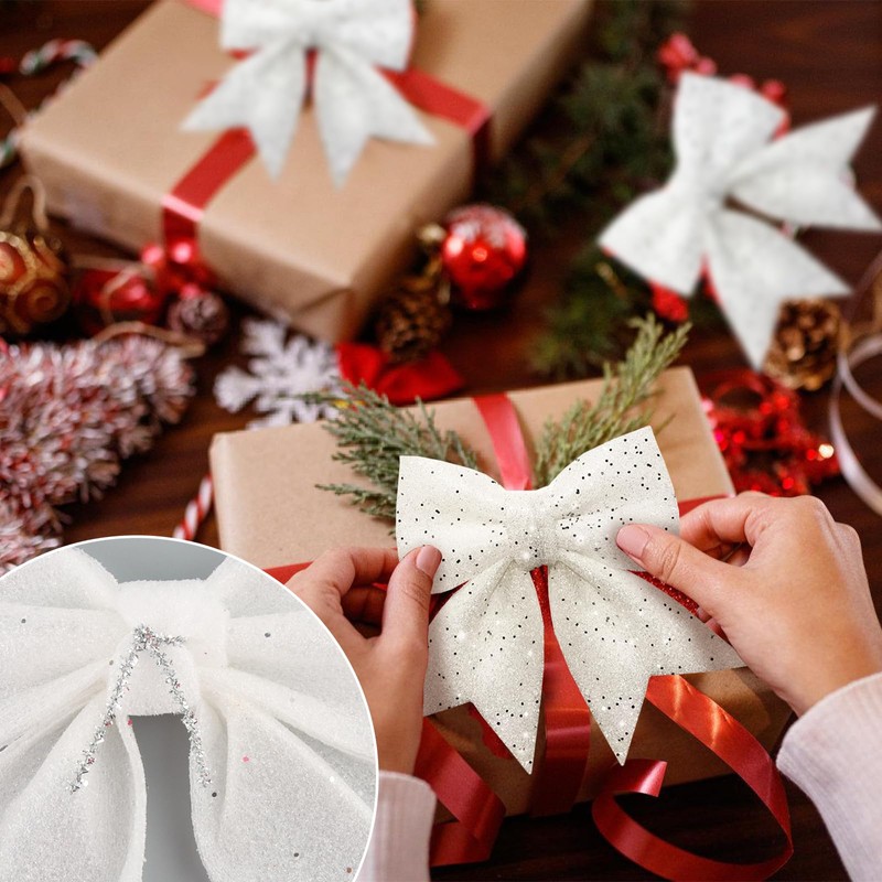 Hyran Pack of 10 Christmas Tree Bows, Glitter Christmas Bows,