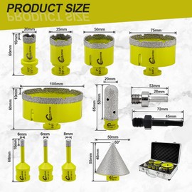 Diamond Tile Hole Saw Kit - Diamond Core Drill Bits Set SANLEETEK for Porcelain Tile Ceramic Marble 6/6/8/20/35/50/75/100MM+4/5'' Finger Bit+2" Chamfer Bit+SDS/HEX, 12pcs