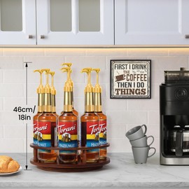 THYGIFTREE Rotating Coffee Syrup Organizer 9 Bottles Coffee Syrup Rack for Countertop Wood Syrup Bottle Holder Stand for Coffee Bar Station, Turntable Wine Display Tray