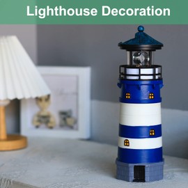 HSHD Solar Lighthouse Ornament - 30cm Tall Solar Lighthouse with Rotating Beacon, 360 Degree Rotating Lighthouse Decoration, Best Lighthouse Gifts for Children(Round Blue)
