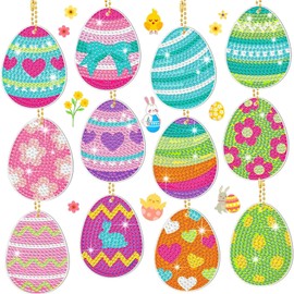 Scinzene Diamond Painting Easter Double-Sided - 12 Pieces DIY Easter Egg Keyring Set, 5D Spring Crafts with Diamond Stones, Creative Gift for Children, 1
