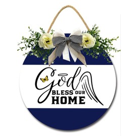 DLONVOH God Bless Our Home Sign for Front Door Porch Farmhouse Rustic Wooden Bless Sign Wall Decor For Home Decor Living Room Thanksgiving Decorations,Blue