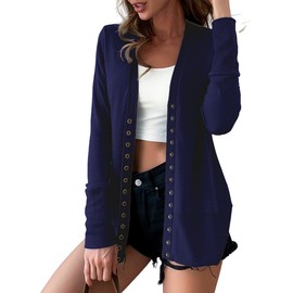 VERABENDI Women Long Sleeve Snaps Button Down V Neck Cute Knit Sweater Cardigan Navy