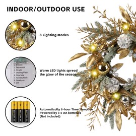 Christmas Wreath 20 Inch Door Decorations Wreath with Warm Lights Set of 2,Christmas Balls, Pine Cones, Golden Twigs, Pine Needles and Silver Berries,Perfect for Front Door, Indoor Outdoor Use