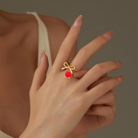 Dainty Bow Ring with Cherry Infinity Rings for Women 14K Gold Plated Bow Knot Rings Stainless Steel Open Finger Ring Christmas Valentine's Day Jewelry Gift (Red)