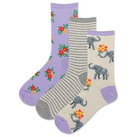 Hot Sox Women's Fun Conversation Starter Crew Socks-2 & 3 Pairs-Cute & Funny Fashion Novelty Gifts, Elephant Bouquet (Assorted Lavender), 4-10