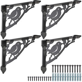 SELEWARE Heavy Duty Shelf Brackets 10 Inch, Bird Shelves Brackets, 300LB Capacity Decorative Metal L Brackets for Floating Shelves, Black Rustic Wall Mount Shelving Bracket with Screws, 4 Pack