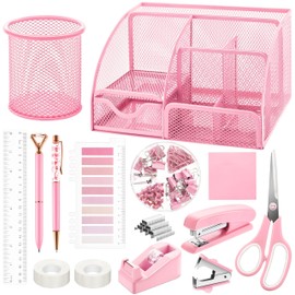 11 Pcs Pink Office Supplies Set Mesh Desk Organizer Accessories Kit Include Stapler Tape Dispenser Staple Remover Clips Ruler Scissors Sticky Notes for Office School Home Women (Pink)