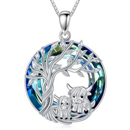 TOUPOP Highland Cow Necklace for Women 925 Sterling Silver Tree of Life Pendant Necklaces 2 Highland Cow Jewelry Blue Crystal Birthday Christmas Gifts for Women Mom Daughter Sister