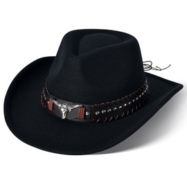 Western Cowboy Hat Cowgirl Hat Unisex Men's & Women's Wide Brim Felt Fedora Hat Wite Buckle Belt