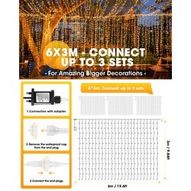 Focxoio Curtain Fairy Lights Indoor Outdoor, 600LED 6mx3m Waterfall Hanging Plug in String Lights with 8 Modes/Timer/Memory Waterproof for Wedding, Party, Christmas, Bedroom, Garden Decor,Warm White