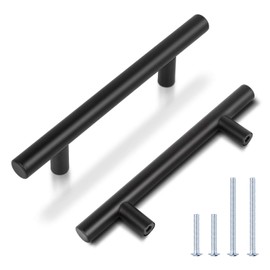 KNOBWELL 15 Pack Black Stainless Steel Kitchen Cabinet Handles, Matte Black Dresser Drawer Pulls, Hole Spacing 3-3/4 Inch, Overall Length 5-9/10 Inch