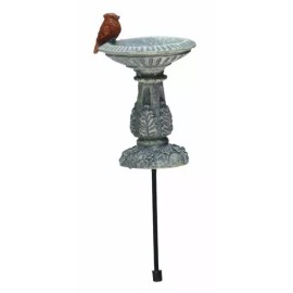 Georgetown Home & Garden Miniature Gray Bird Bath with A Red Bird, Fairy Garden Accessory
