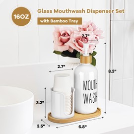 Glass Mouthwash Dispenser with Cup Holder - 16 oz Pump Bottle White Mouthwash Container for Bathroom - 14 Mouthwash Cups,Bamboo Tray and Funnel Included