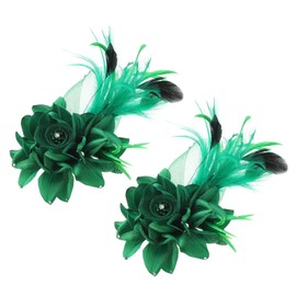PATIKIL Floral Hair Clip, 2 Pcs Elegant Flower Feather Brooch Pin Hat Silk Wedding Party Dance Banquet Pins Accessories Camellia Charm Lady Dress Suit, Green with Black Feathers