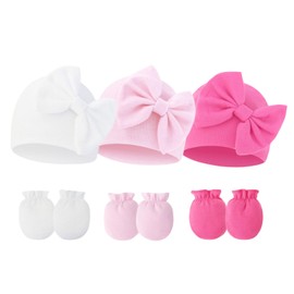 Fecawd Newborn Baby Hats Mittens Sets Bow Infant Caps Gloves No Scratch Mitten Beanie Set for 0-6 Months Girls(Rose)