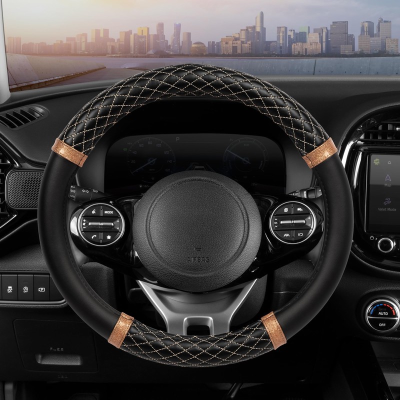 Carbella Rose Gold Quilted Steering Wheel Cover - Elegant Craft
