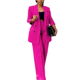 Tcremisa Pants Suits for Women Dressy 2 Piece Business Casual Outfits Double Breasted Blazer Wide Leg Pants Set Office Work Rose