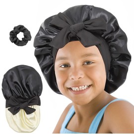 SAYMRE Gorro De Seda para Niñas Y Niños, Gorro De Satén De Doble Capa para Dormir con Cabello Rizado (3-12 Años) (Negro para Niños)
