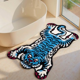 Naoloture Blue Tibetan Tiger Bath Mat Bathroom Rug Non Slip, Ultra Soft Plush Tufted Cute Bathroom Mat Cool Animal Funky Area Rugs Absorbent Washable Carpet for Bedroom Living Room Décor, 24x40 Inch