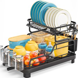 TOOLF Dish Drying Rack,2 Tier Dish Drying Rack with Large Drainboard,Dish Racks for Kitchen Counter and Sink,Stainless Steel Dish Drainers with Cup ＆ Utensil Holders,Black