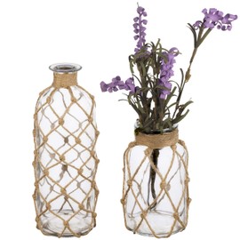 MyGift Botellas de vidrio decorativas estilo costero con envoltura de cuerda, juego de 2