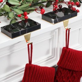 Fonder Mols Christmas Stocking Holders for Mantle, Heavy Deauty Xmas Fireplace Hanger Hooks Metal Grips Clips (2, Black Marble)