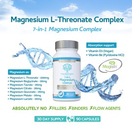 Magnesium L-Threonate Complex 7-in-1 with 1000mg of Magtein Plus Magnesium as Bisglycinate, Taurate, Citrate, Gluconate, Malate & Lactate - Supports Sleep - Vegan, UK Made and No Artificial Nasties