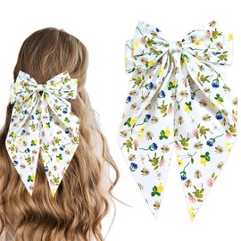 Sunflower Bee Hair Bow Clips White Hair Accessories for Women with Yellow and Blue Flower Spring Summer Barrettes Style Floral Bow Clip Bohemian Hairpins 1Pcs