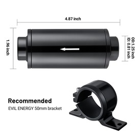EVIL ENERGY Inline Fuel Filter 10 Micron with Barb 1/2", 3/8", 5/16" Fitting Adapter, Bracket Clamp 50MM Universal Aluminum Black for Gasoline, Diesel, E85, Rubber Fuel Line