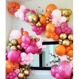 NISOCY Pink and Orange Balloons Arch Kit, 120PCS Hot Pink Light Pink Orange and Metallic Gold Balloons Garland Kit for Birthday Baby Shower Graduation Wedding Tropical Party Decorations