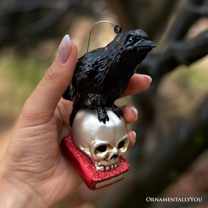 Raven on Skull and Book Glass Ornament, Horror Edgar Allan