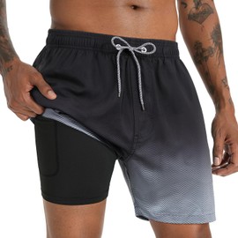 iCKER Swimming Trunks Men's Compression Liner 2 in 1 Swimming Shorts Board Shorts Quick-Drying Beach Shorts, black