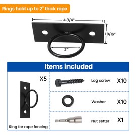 Muzata 5Pack Black Decorative Ring Rope Supports Holders for Hemp Rope Fencing Stair Deck Railing Wall Mounted Hanger Ceiling Hook M047