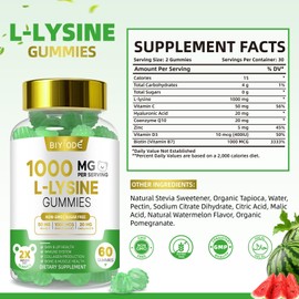 BIYODE L-Lysine Gummies - 1000mg per Serving, Sugar Free, Non-GMO, Natural Watermelon Flavor, Pectin-Based Chewable Supplement for Skin Health & Collagen Support, 60 Count (30-Day Supply)