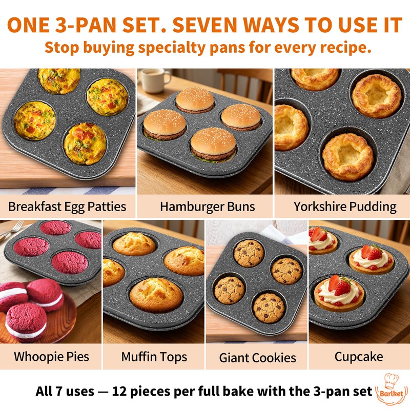 Barlket 4-Cup Muffin Pan, Total 12 Cups Muffin Tin Nonstick